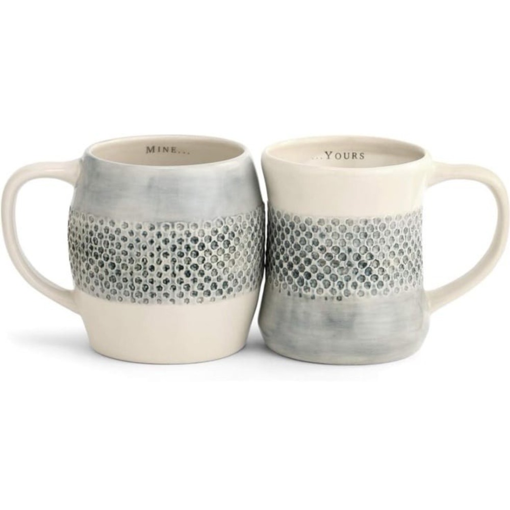 DEMDACO Mine Yours Pattern Hug Glossy Cream 12 ounce Stoneware Ceramic Mugs Set